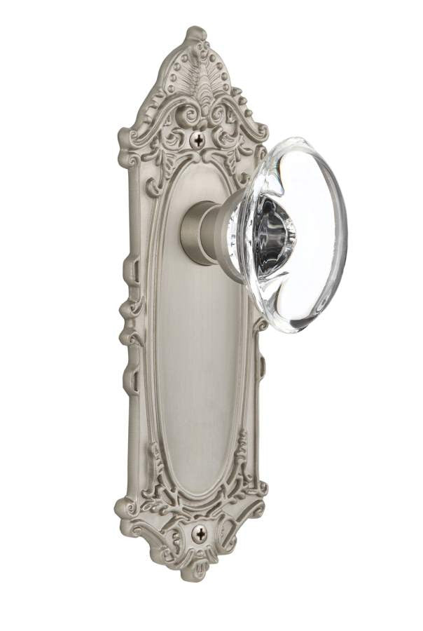 Nostalgic 711648: Victorian Backplate w/Oval Clear Glass Crystal Knob Privacy Door Set - Satin Nickel