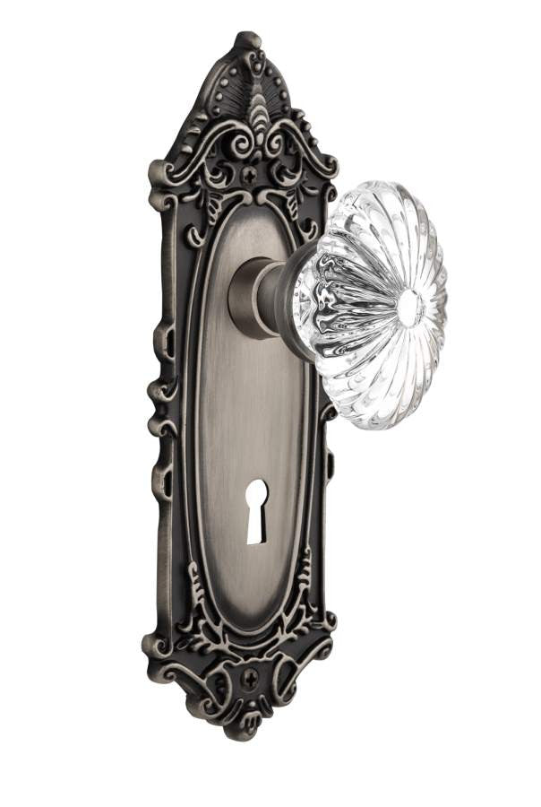 Nostalgic 712138: Victorian Backplate w/Oval Fluted Clear Glass Crystal Knob Privacy Door Set - Antique Pewter