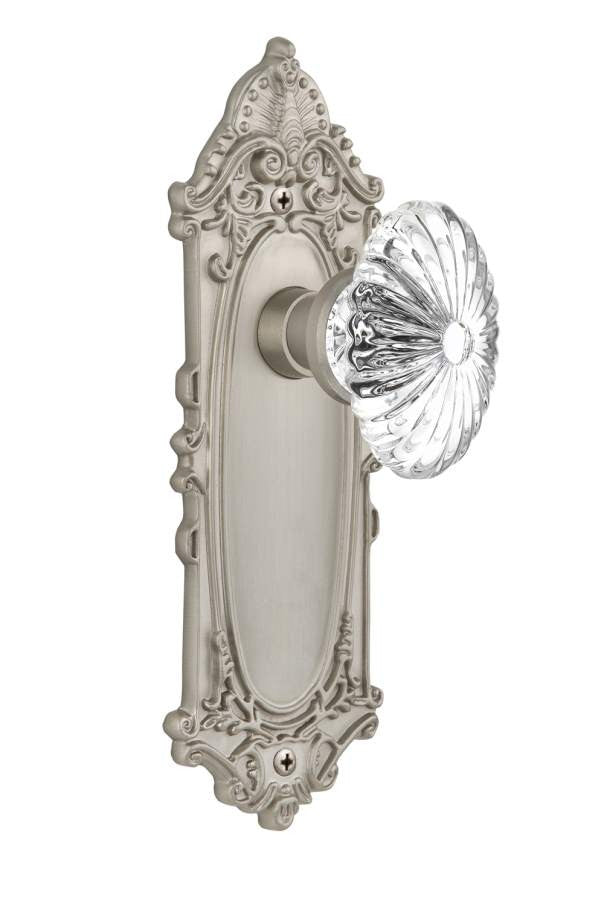 Nostalgic 711800: Victorian Backplate w/Oval Fluted Clear Glass Crystal Knob Passage Door Set - Satin Nickel