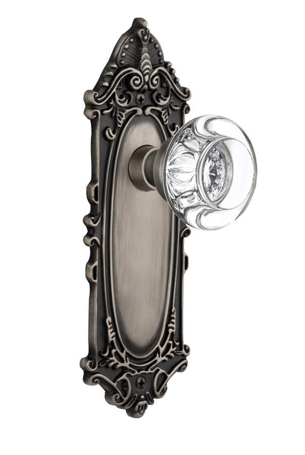 Nostalgic 712524: Victorian Backplate w/Round Clear Glass Crystal Knob Privacy Door Set - Antique Pewter