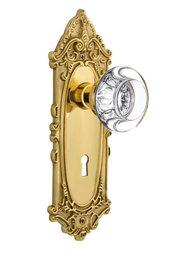 Nostalgic 717107: Victorian Backplate w/Round Clear Glass Crystal Knob Passage Door Set - Unlacquered Brass