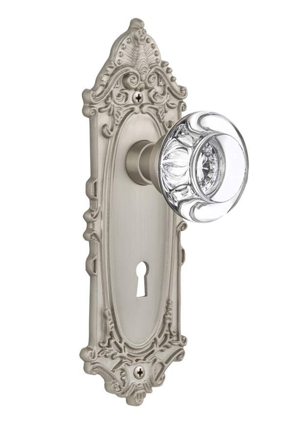 Nostalgic 712582: Victorian Backplate w/Round Clear Glass Crystal Knob Privacy Door Set - Satin Nickel