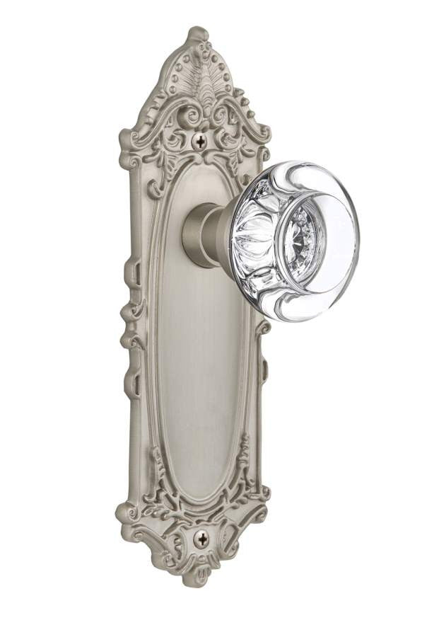 Nostalgic 712528: Victorian Backplate w/Round Clear Glass Crystal Knob Privacy Door Set - Satin Nickel