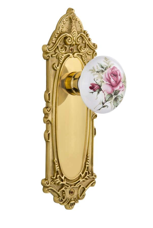 Nostalgic 711015: Victorian Backplate w/White Rose Porcelain Knob Single Dummy Door Set - Polished Brass