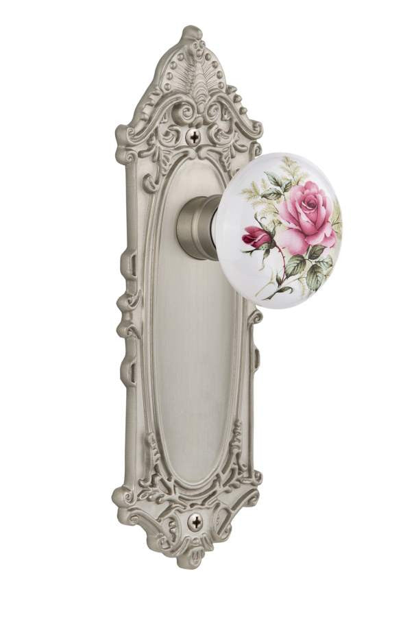 Nostalgic 711208: Victorian Backplate w/White Rose Porcelain Knob Privacy Door Set - Satin Nickel