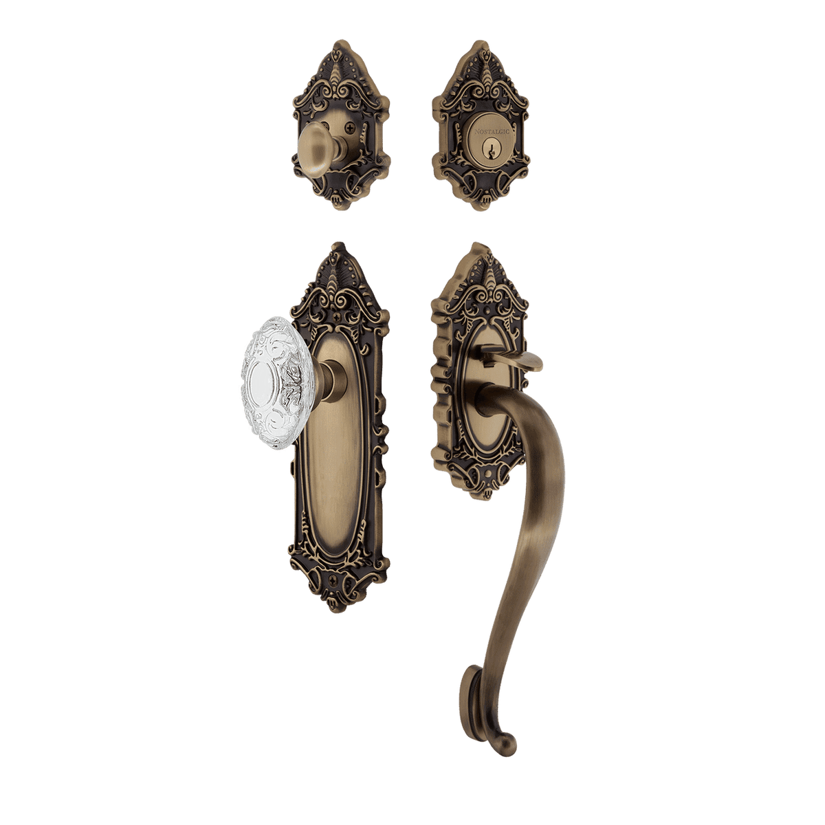 Nostalgic 756036: Entry Lockset w/Victorian Backplate, S-Grip Exterior Handle and Victorian Crystal Knob - Antique Brass