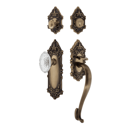 Nostalgic 756036: Entry Lockset w/Victorian Backplate, S-Grip Exterior Handle and Victorian Crystal Knob - Antique Brass