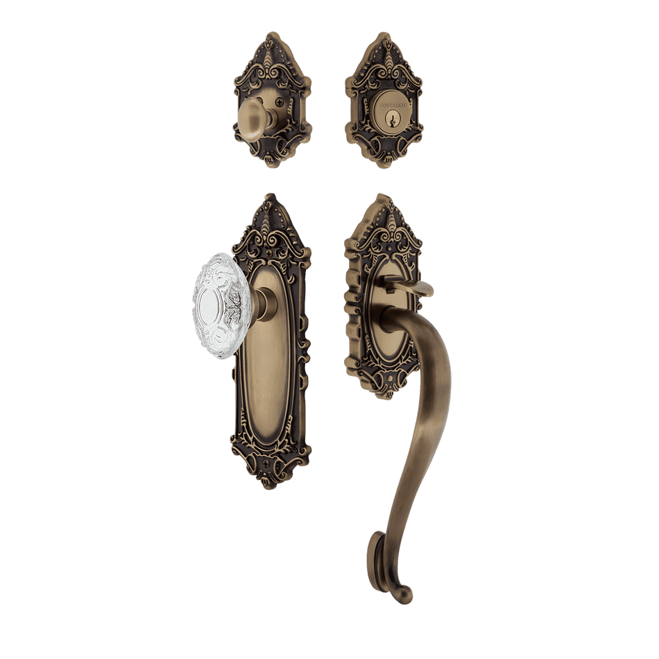 Nostalgic 756037: Entry Lockset w/Victorian Backplate, S-Grip Exterior Handle and Victorian Crystal Knob - Antique Brass