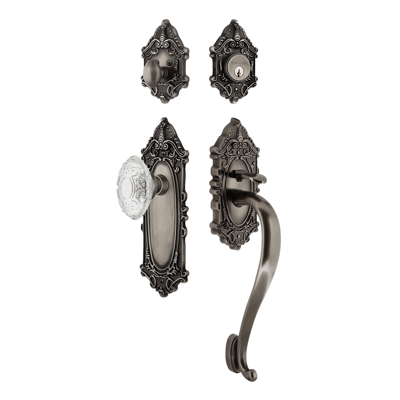 Nostalgic 756049: Entry Lockset w/Victorian Backplate, S-Grip Exterior Handle and Victorian Crystal Knob - Antique Pewter