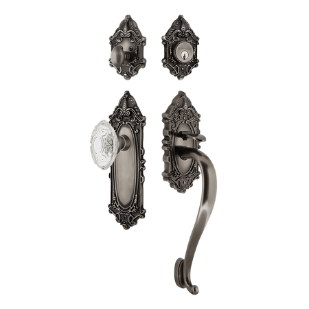 Nostalgic 756049: Entry Lockset w/Victorian Backplate, S-Grip Exterior Handle and Victorian Crystal Knob - Antique Pewter