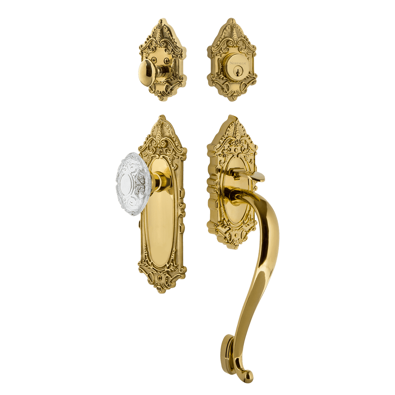 Nostalgic 756060: Entry Lockset w/Victorian Backplate, S-Grip Exterior Handle and Victorian Crystal Knob - Polished Brass