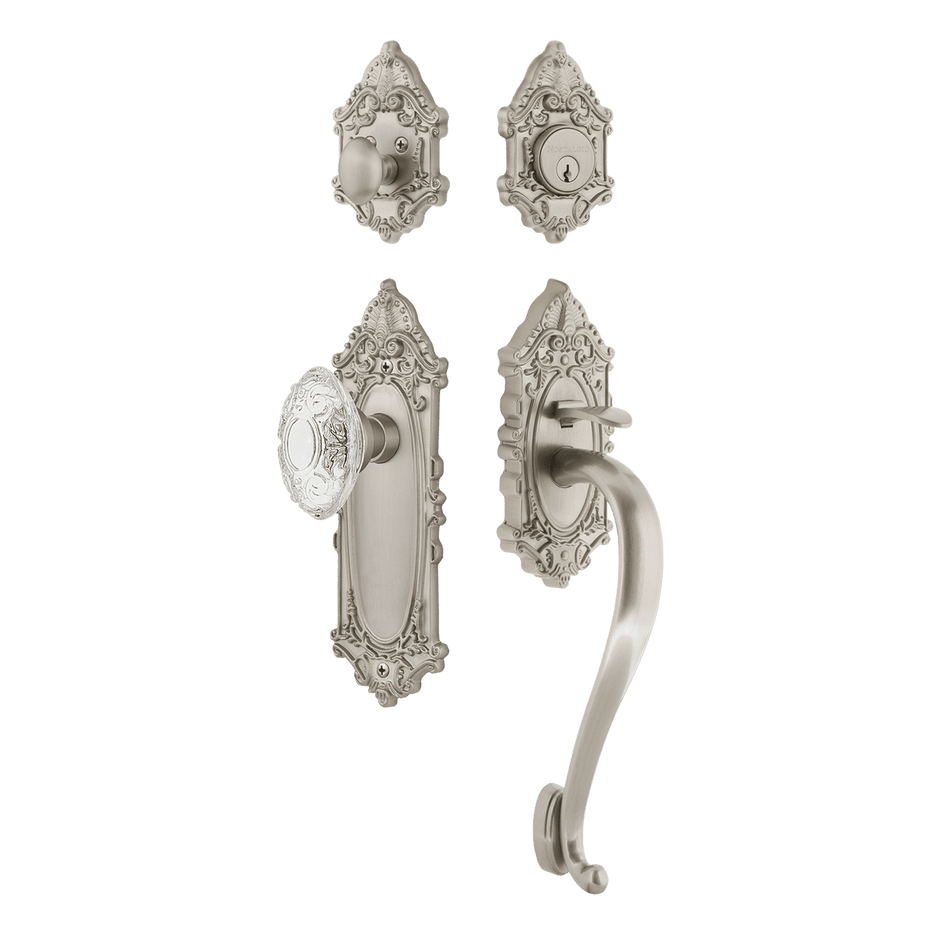 Nostalgic 756073: Entry Lockset w/Victorian Backplate, S-Grip Exterior Handle and Victorian Crystal Knob - Satin Nickel