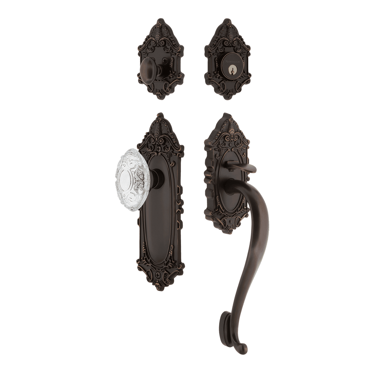 Nostalgic 756084: Entry Lockset w/Victorian Backplate, S-Grip Exterior Handle and Victorian Crystal Knob - Timeless Bronze