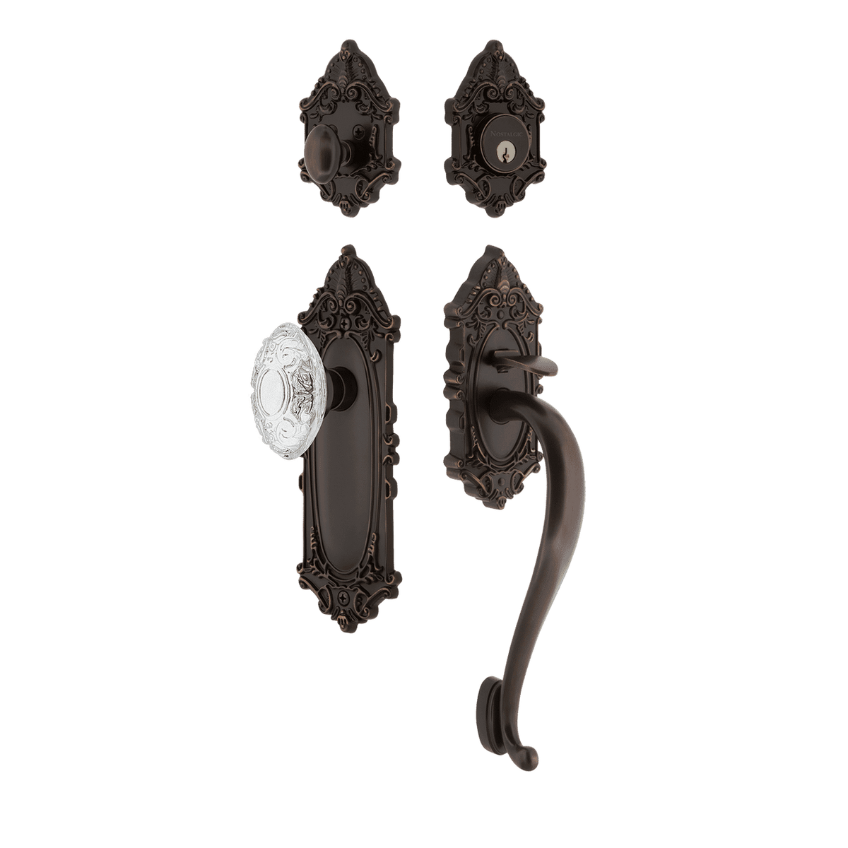 Nostalgic 756085: Entry Lockset w/Victorian Backplate, S-Grip Exterior Handle and Victorian Crystal Knob - Timeless Bronze