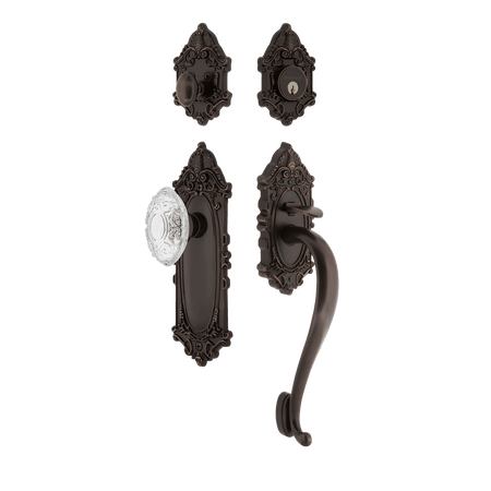 Nostalgic 756085: Entry Lockset w/Victorian Backplate, S-Grip Exterior Handle and Victorian Crystal Knob - Timeless Bronze