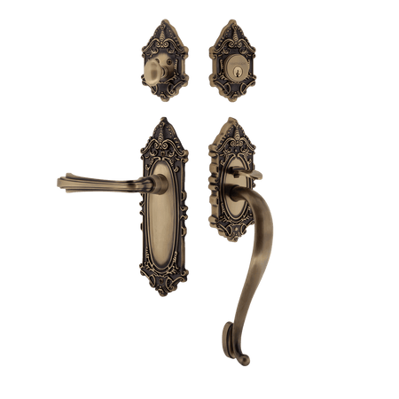 Nostalgic 771344: Entry Lockset w/Victorian Backplate, S-Grip Exterior Handle and Fleur Interior Lever - Antique Brass