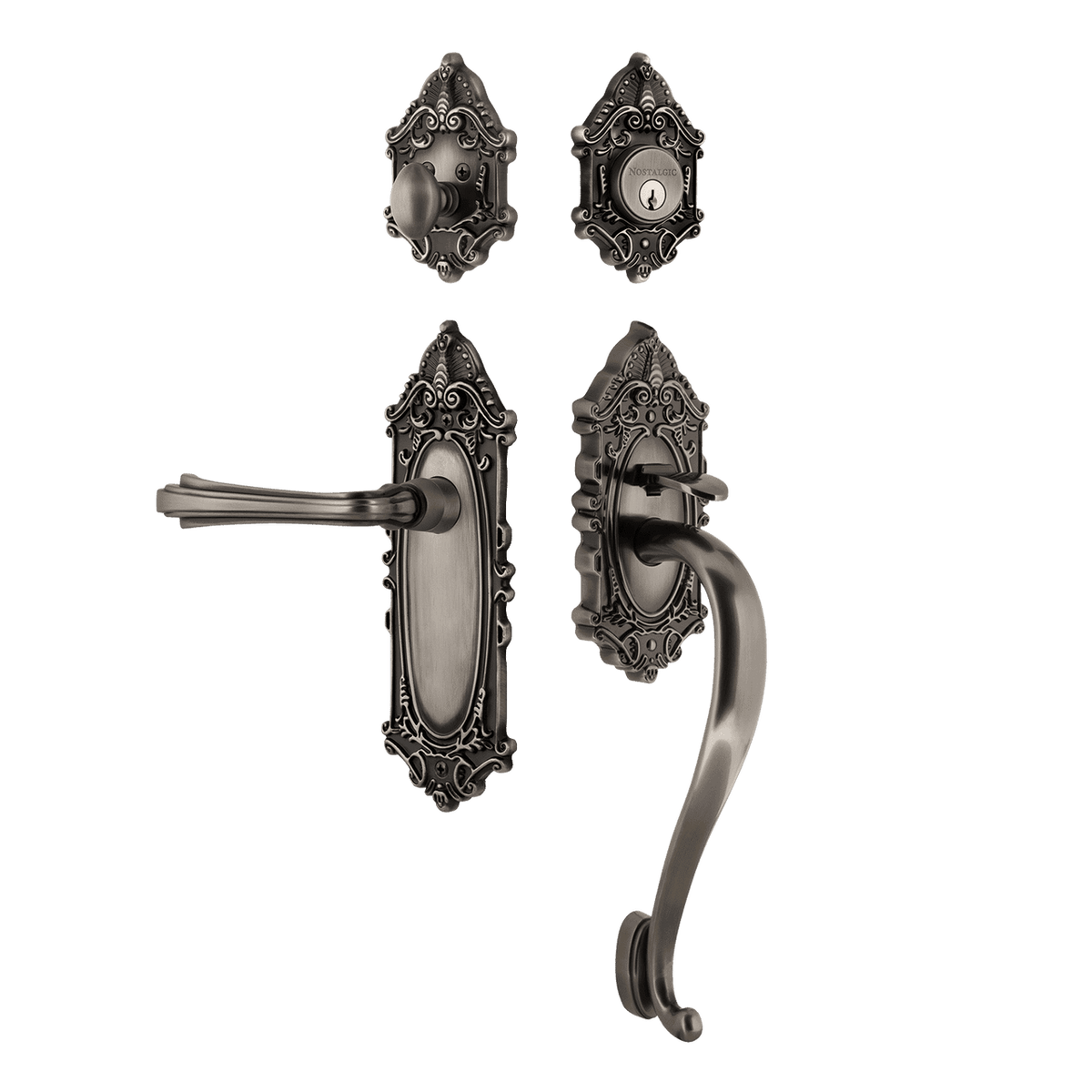 Nostalgic 771364: Entry Lockset w/Victorian Backplate, S-Grip Exterior Handle and Fleur Interior Lever - Antique Pewter