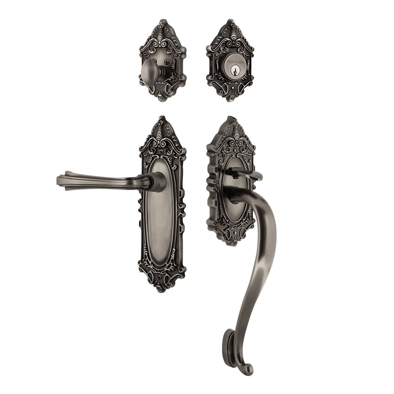 Nostalgic 771364: Entry Lockset w/Victorian Backplate, S-Grip Exterior Handle and Fleur Interior Lever - Antique Pewter