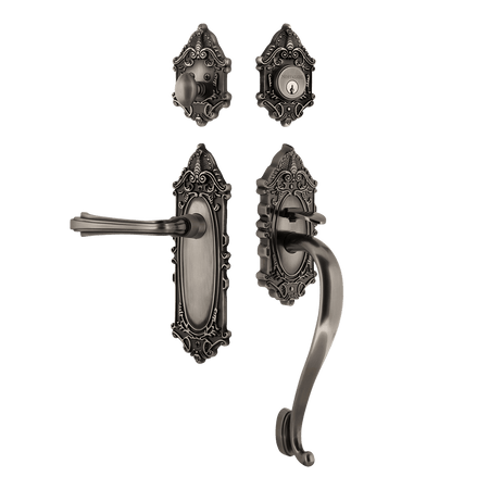 Nostalgic 771364: Entry Lockset w/Victorian Backplate, S-Grip Exterior Handle and Fleur Interior Lever - Antique Pewter