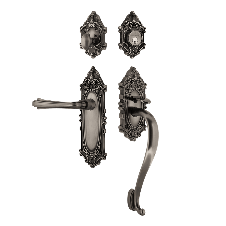 Nostalgic 771364: Entry Lockset w/Victorian Backplate, S-Grip Exterior Handle and Fleur Interior Lever - Antique Pewter