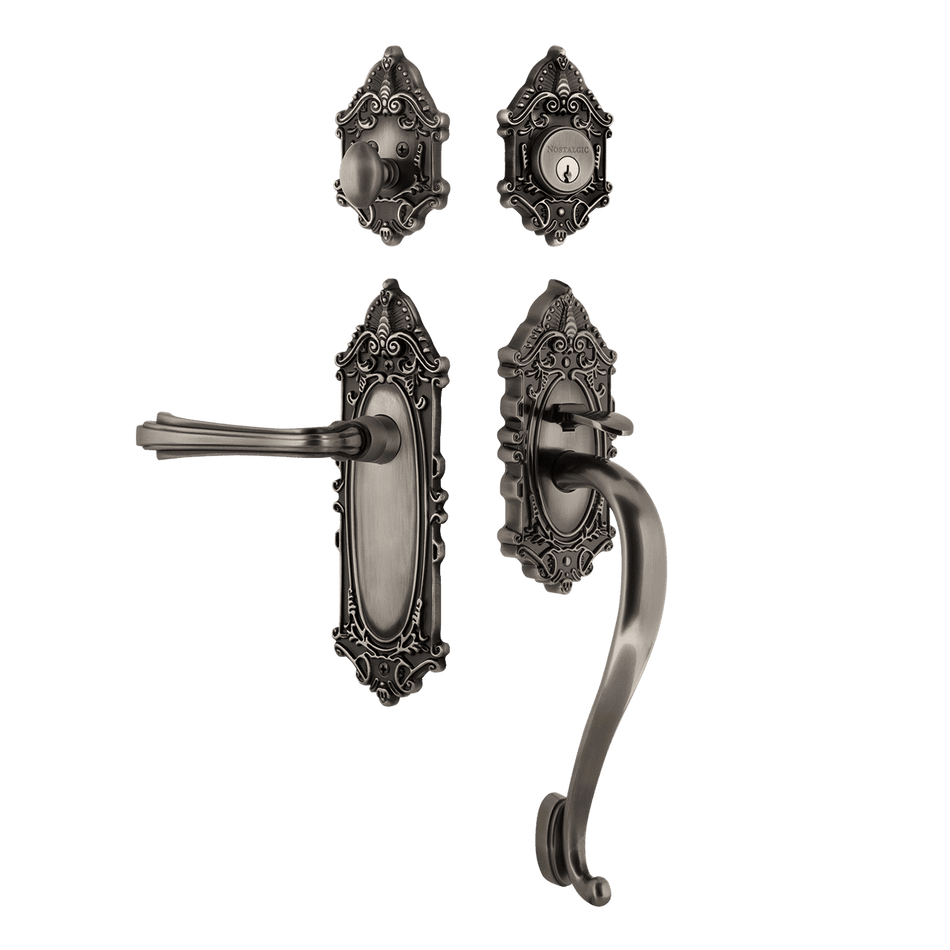 Nostalgic 769261: Entry Lockset w/Victorian Backplate, S-Grip Exterior Handle and Fleur Interior Lever - Antique Pewter