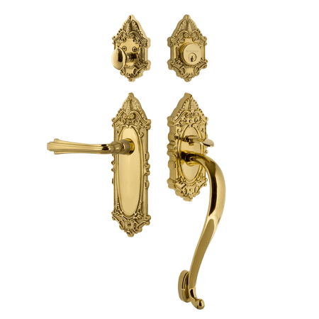 Nostalgic 771365: Entry Lockset w/Victorian Backplate, S-Grip Exterior Handle and Fleur Interior Lever - Polished Brass