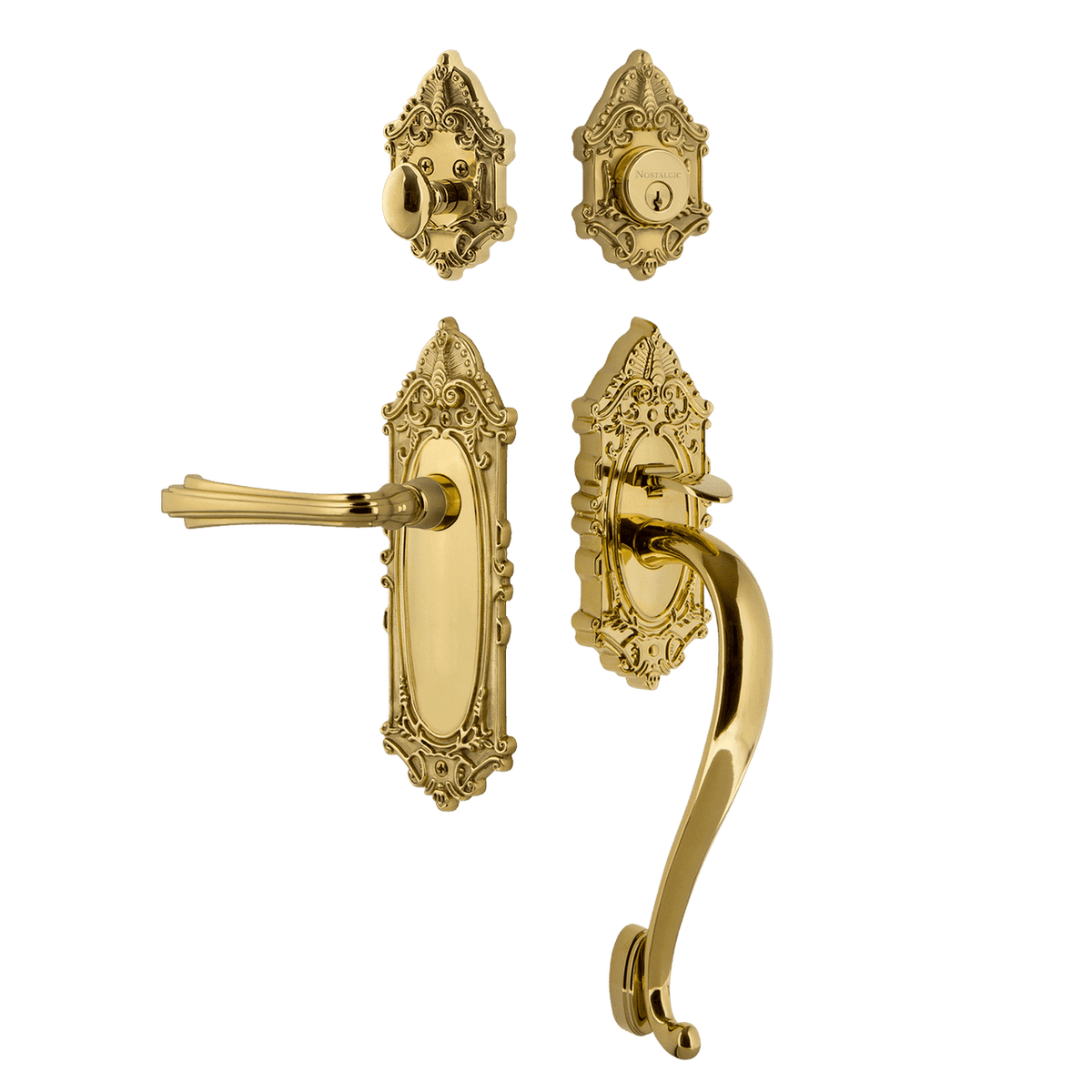 Nostalgic 769267: Entry Lockset w/Victorian Backplate, S-Grip Exterior Handle and Fleur Interior Lever - Polished Brass