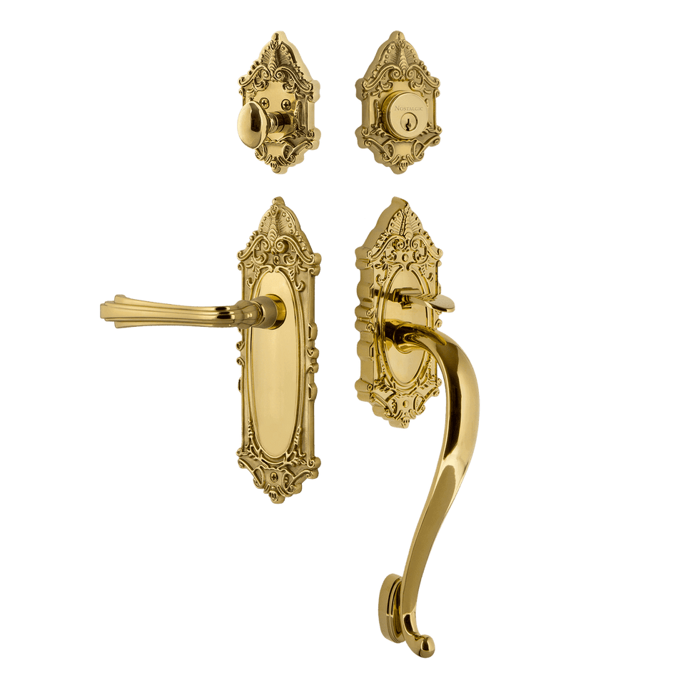 Nostalgic 769267: Entry Lockset w/Victorian Backplate, S-Grip Exterior Handle and Fleur Interior Lever - Polished Brass