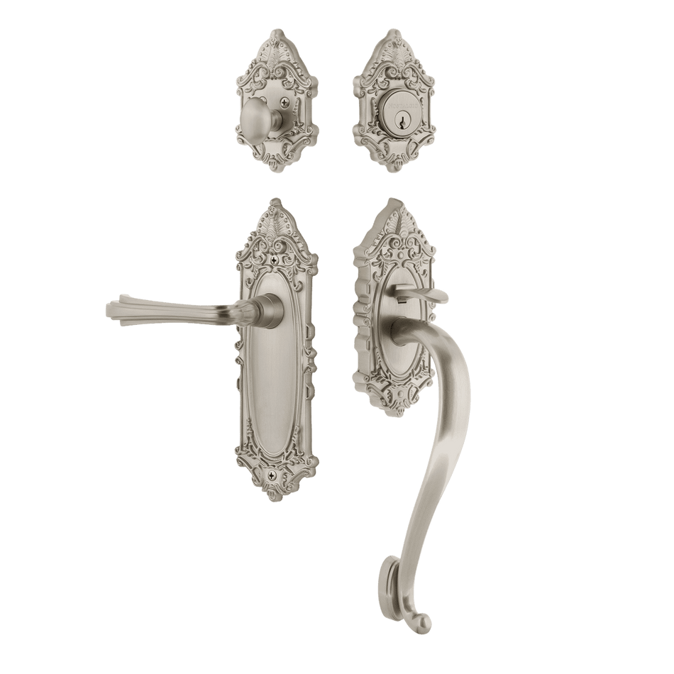 Nostalgic 769264: Entry Lockset w/Victorian Backplate, S-Grip Exterior Handle and Fleur Interior Lever - Satin Nickel