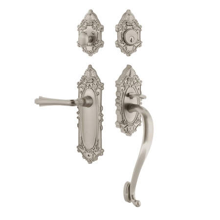 Nostalgic 769269: Entry Lockset w/Victorian Backplate, S-Grip Exterior Handle and Fleur Interior Lever - Satin Nickel