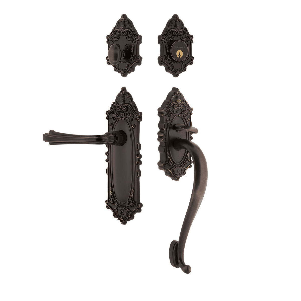Nostalgic 771352: Entry Lockset w/Victorian Backplate, S-Grip Exterior Handle and Fleur Interior Lever - Timeless Bronze
