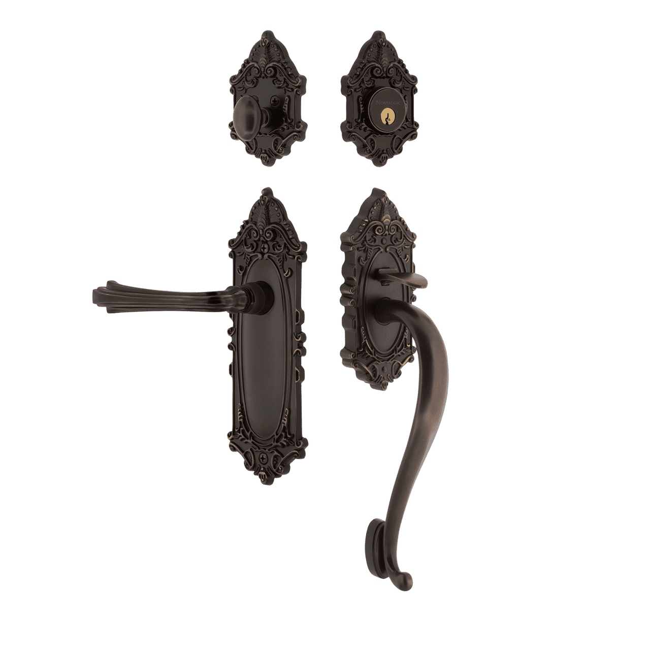 Nostalgic 769270: Entry Lockset w/Victorian Backplate, S-Grip Exterior Handle and Fleur Interior Lever - Timeless Bronze