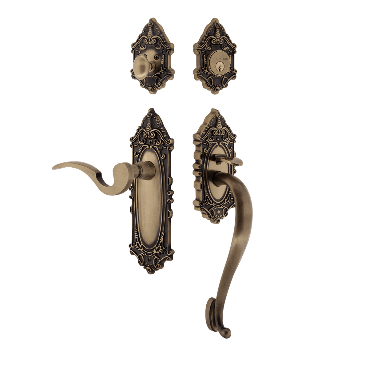 Nostalgic 771429: Entry Lockset w/Victorian Backplate, S-Grip Exterior Handle and Manor Interior Lever - Antique Brass