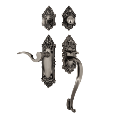 Nostalgic 767866: Entry Lockset w/Victorian Backplate, S-Grip Exterior Handle and Manor Interior Lever - Antique Pewter