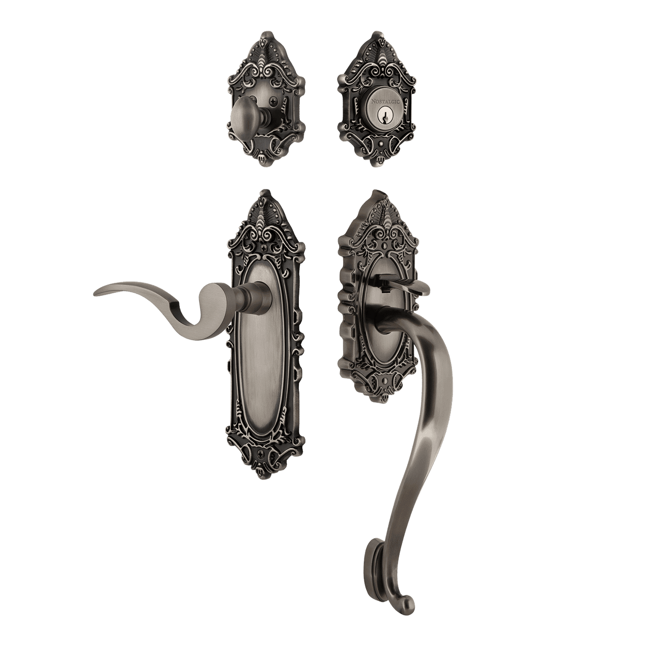 Nostalgic 771424: Entry Lockset w/Victorian Backplate, S-Grip Exterior Handle and Manor Interior Lever - Antique Pewter