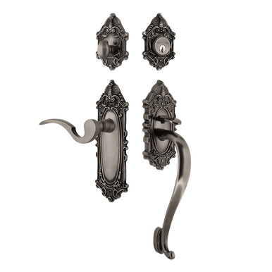 Nostalgic 771424: Entry Lockset w/Victorian Backplate, S-Grip Exterior Handle and Manor Interior Lever - Antique Pewter