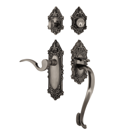 Nostalgic 771426: Entry Lockset w/Victorian Backplate, S-Grip Exterior Handle and Manor Interior Lever - Antique Pewter