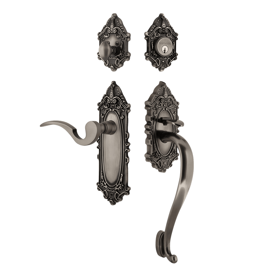 Nostalgic 767867: Entry Lockset w/Victorian Backplate, S-Grip Exterior Handle and Manor Interior Lever - Antique Pewter