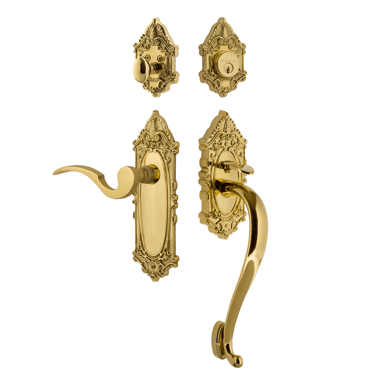 Nostalgic 767868: Entry Lockset w/Victorian Backplate, S-Grip Exterior Handle and Manor Interior Lever - Polished Brass