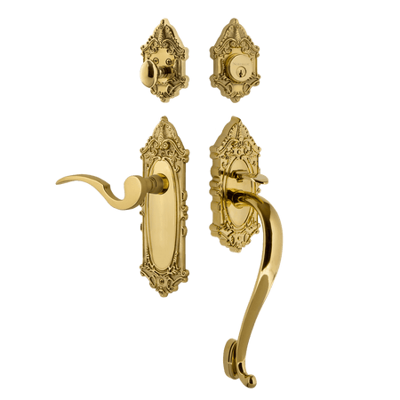 Nostalgic 767868: Entry Lockset w/Victorian Backplate, S-Grip Exterior Handle and Manor Interior Lever - Polished Brass