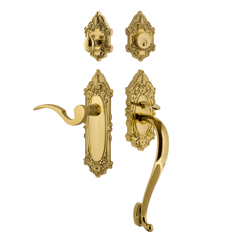Nostalgic 771427: Entry Lockset w/Victorian Backplate, S-Grip Exterior Handle and Manor Interior Lever - Polished Brass