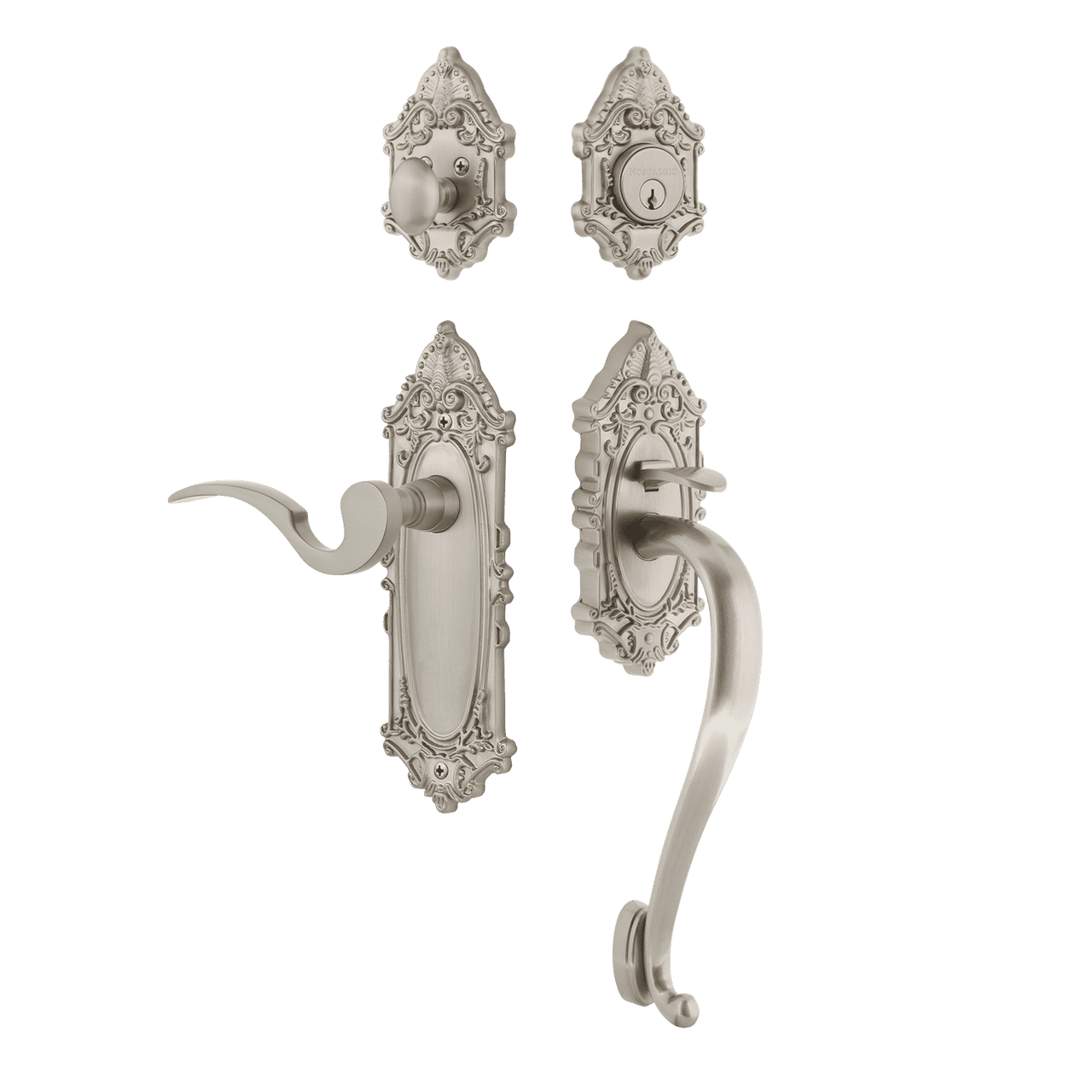 Nostalgic 767875: Entry Lockset w/Victorian Backplate, S-Grip Exterior Handle and Manor Interior Lever - Satin Nickel