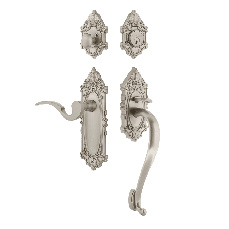 Nostalgic 767875: Entry Lockset w/Victorian Backplate, S-Grip Exterior Handle and Manor Interior Lever - Satin Nickel