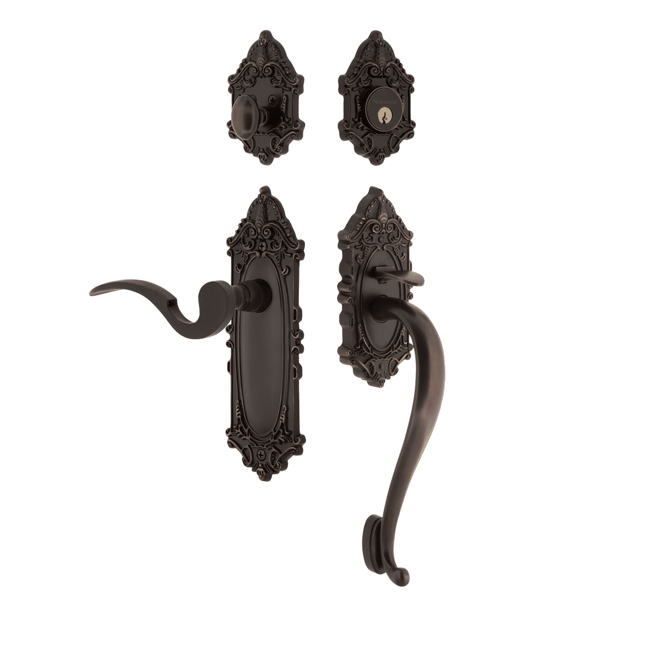 Nostalgic 771422: Entry Lockset w/Victorian Backplate, S-Grip Exterior Handle and Manor Interior Lever - Timeless Bronze