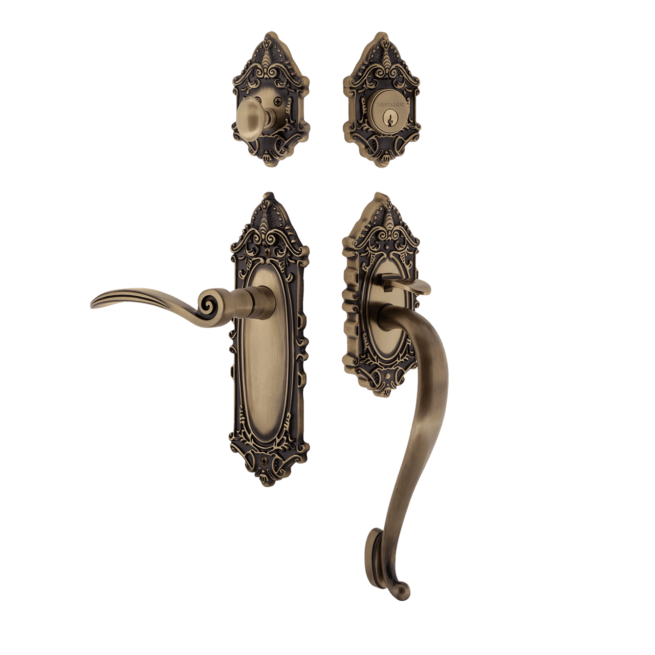 Nostalgic 771513: Entry Lockset w/Victorian Backplate, S-Grip Exterior Handle and Swan Interior Lever - Antique Brass