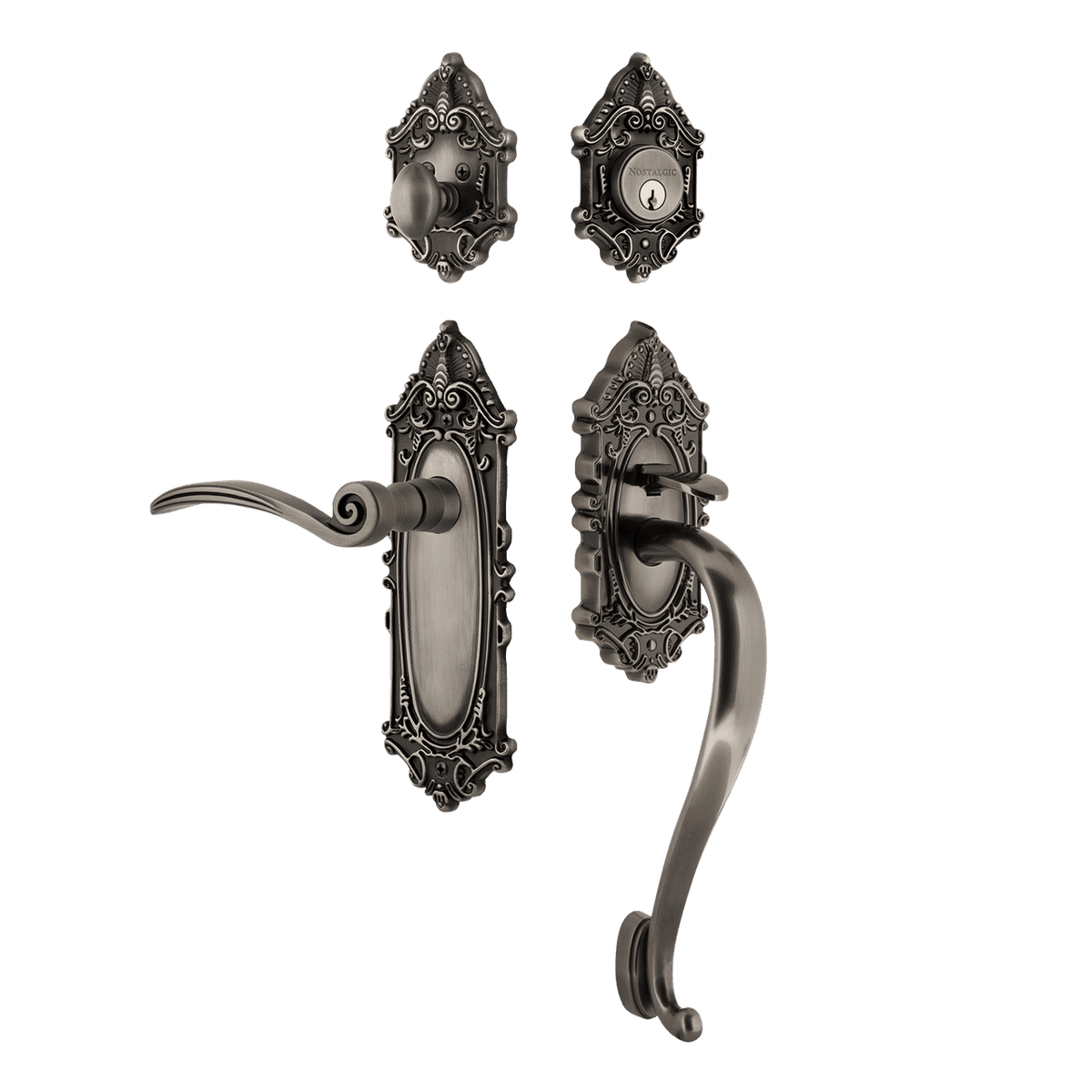 Nostalgic 768564: Entry Lockset w/Victorian Backplate, S-Grip Exterior Handle and Swan Interior Lever - Antique Pewter