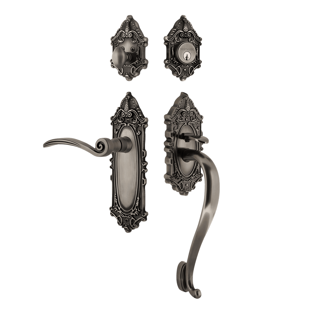 Nostalgic 771520: Entry Lockset w/Victorian Backplate, S-Grip Exterior Handle and Swan Interior Lever - Antique Pewter