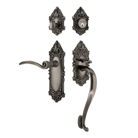 Nostalgic 771520: Entry Lockset w/Victorian Backplate, S-Grip Exterior Handle and Swan Interior Lever - Antique Pewter