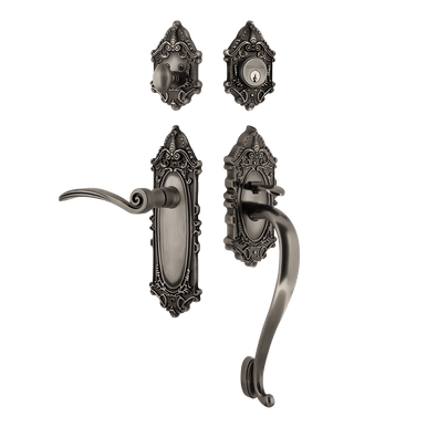 Nostalgic 768563: Entry Lockset w/Victorian Backplate, S-Grip Exterior Handle and Swan Interior Lever - Antique Pewter