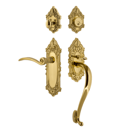 Nostalgic 771519: Entry Lockset w/Victorian Backplate, S-Grip Exterior Handle and Swan Interior Lever - Polished Brass